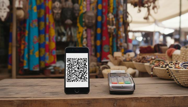 AEON и X Layer запускают криптовалютные платежи в розничной торговле Смартфон с QR-кодом для оплаты лежит на прилавке рядом с платежным терминалом на фоне торговой лавки на рынке.