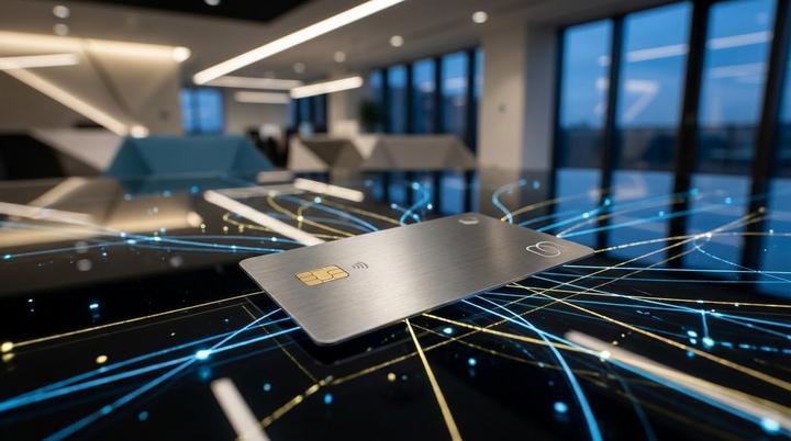 Минималистичная металлическая кредитная карта с чипом на темной глянцевой поверхности со светящимися линиями цифровой сети.