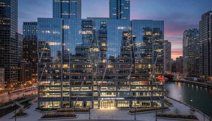 First Financial завершила сделку по покупке BankFinancial за $142 млн Фасад современного стеклянного небоскреба банка в деловом районе Чикаго, в окнах отражается вечерний городской пейзаж.