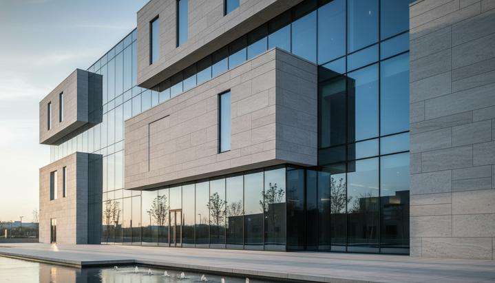 Фасад современного офисного здания банка, выполненный из стекла и камня, в лучах утреннего солнца.