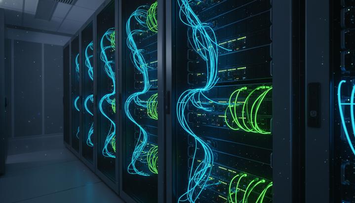 Серверная стойка в темном дата-центре со светящимися оптоволоконными кабелями, символизирующими цифровые финансовые потоки.
