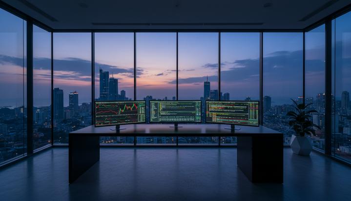 Индийский финтех-стартап Knight FinTech привлек $23,6 млн инвестиций Современный пустой офис с панорамными окнами на вечерний город. На столе стоят мониторы с финансовыми графиками.