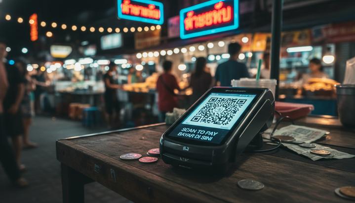 Платежный терминал с QR-кодом на экране, стоящий на прилавке уличного кафе в азиатском городе.