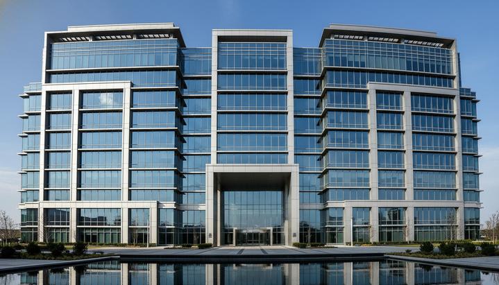 Завершено слияние Synovus и Pinnacle на $8,6 млрд Современный стеклянный фасад многоэтажного офисного здания, штаб-квартиры банка. Пустой вход и чистое небо, отражающееся в окнах.