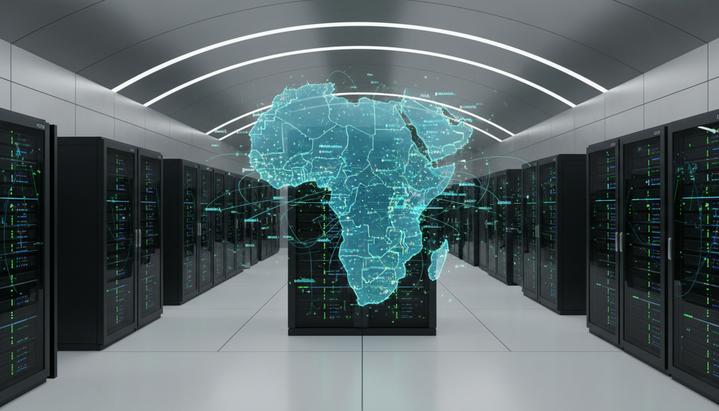 Flutterwave покупает Mono для развития открытого банкинга в Африке Интерьер современного дата-центра с рядами серверных стоек и голографической картой Африки, показывающей потоки данных.