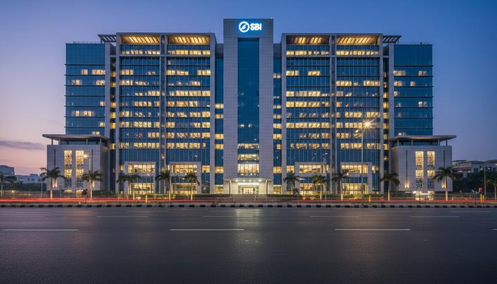 Фасад современного здания штаб-квартиры State Bank of India в Мумбаи в сумерках. Светящийся логотип банка на здании.