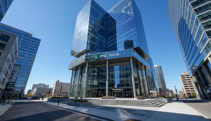 Современное здание штаб-квартиры банка PNC из стекла и стали, вид снизу на фоне чистого неба, с логотипом у входа.