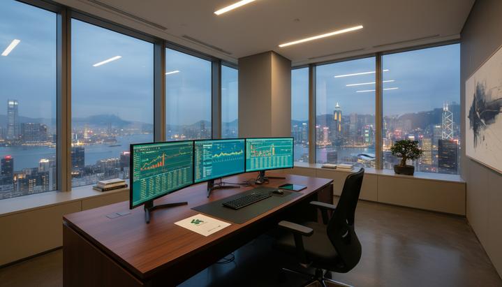 Современный пустой офис инвестиционного директора с видом на деловой центр Гонконга. На столе светятся экраны с финансовыми графиками.