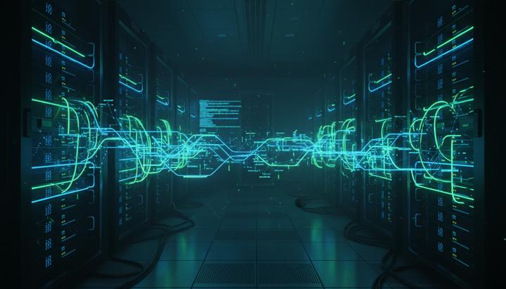 Современный дата-центр с рядами серверов, между которыми проходят светящиеся потоки данных синего и зеленого цвета.