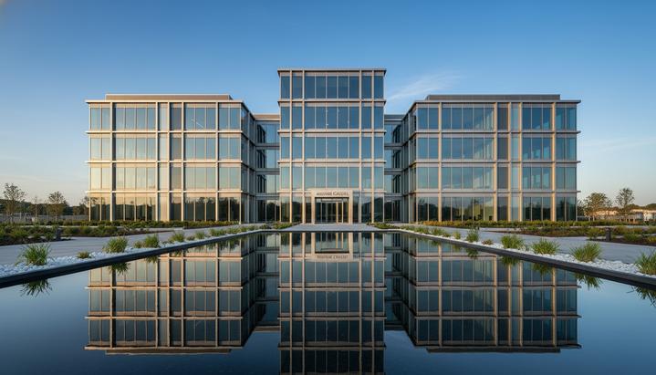 Apella Wealth покупает подразделение PBMares, приближаясь к $10 млрд активов Современное офисное здание из стекла и стали, штаб-квартира финансовой компании, отражается в воде у основания.