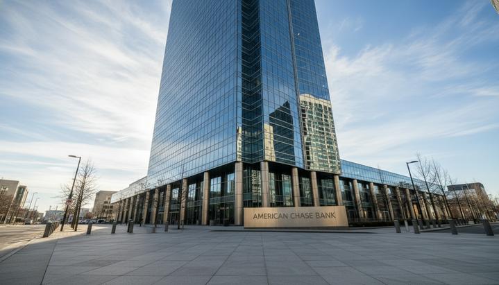 Современный стеклянный небоскреб, в котором находится штаб-квартира крупного банка. Солнечный свет отражается в окнах. Пустая улица у подножия здания.