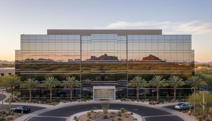 Современное офисное здание из стекла и стали в Скоттсдейле, штат Аризона, на фоне пустынного пейзажа на рассвете.