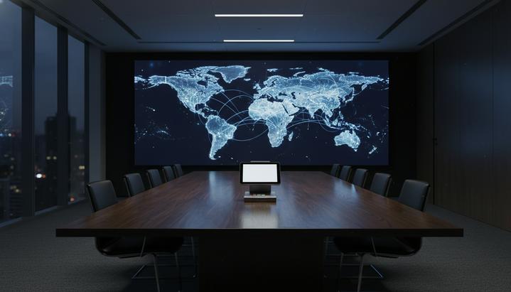 Платежный терминал на столе в конференц-зале. На экране на стене — светящаяся карта мира с линиями глобальных транзакций.