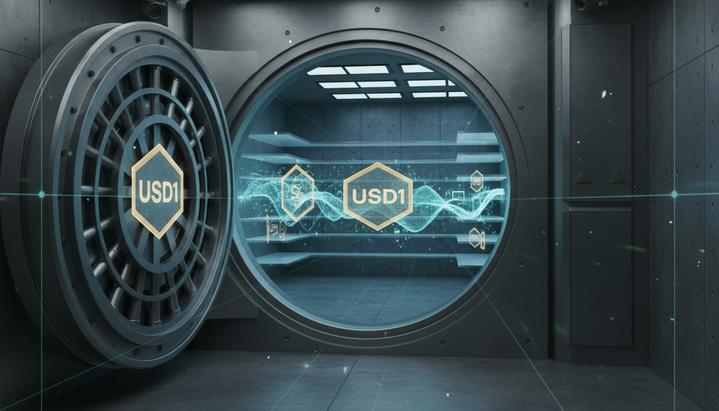 Банковское хранилище с приоткрытой дверью сейфа, изнутри исходит синее свечение от цифровых активов и блокчейн-символов на полках.