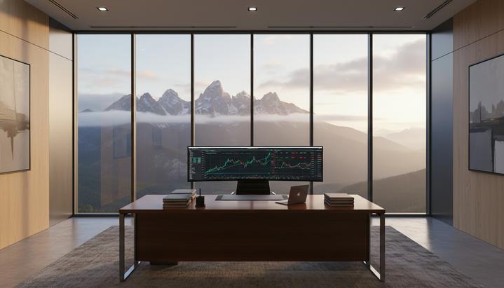 Современный пустой офис финансового консультанта с панорамным окном с видом на горы. На столе лежат документы и компьютер с графиками.
