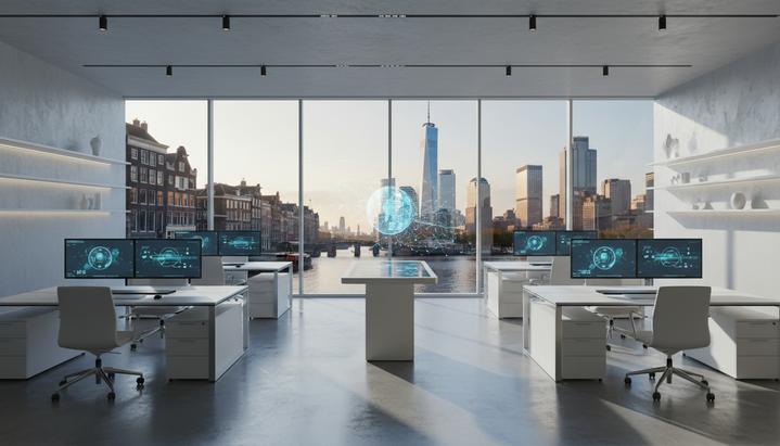 Нидерландский необанк Bunq подал заявку на банковскую лицензию в США Современный пустой офис с панорамным окном, за которым виден городской пейзаж, совмещающий каналы Амстердама и небоскребы Нью-Йорка.