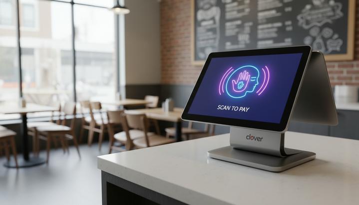 Платежный терминал Clover на стойке в кафе. На экране устройства светится иконка биометрической оплаты по лицу и ладони.