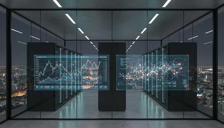 JPMorgan заменит консультантов по голосованию акционеров на ИИ Серверная комната в современном офисе с панорамными окнами на ночной город. Светящиеся серверы и голограммы с финансовыми графиками.
