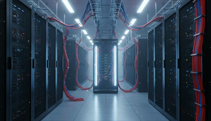Ряды серверных стоек в современном дата-центре. Светящиеся синие и красные оптоволоконные кабели подключены к центральному сетевому коммутатору.