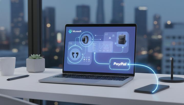 Ноутбук на офисном столе с открытым экраном, на котором изображен интерфейс с логотипами PayPal и Microsoft Copilot.