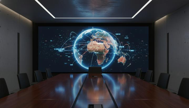 Современный конференц-зал с большим цифровым экраном, на котором изображена светящаяся карта мира с финансовыми потоками данных.