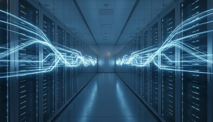 Volante представила low-code платформу для модернизации банковских платежей Интерьер современного дата-центра банка с рядами серверных шкафов, подсвеченных голубыми и белыми светодиодными огнями.