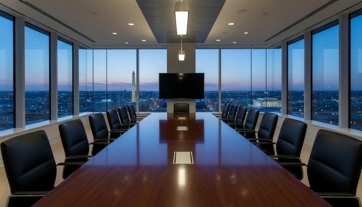 Cerity Partners поглощает SOL Capital Management для расширения в США Пустой современный зал для переговоров с большим полированным столом и кожаными креслами с видом на огни вечернего города из панорамного окна.