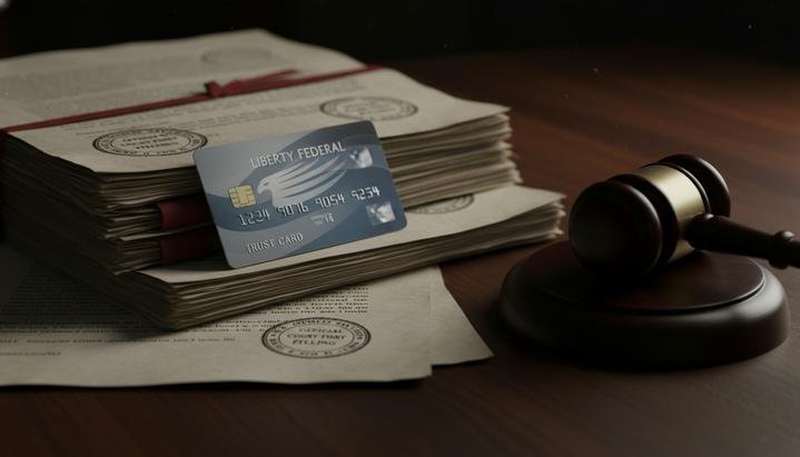США: Трамп предложил ограничить ставки по кредитным картам до 10% Кредитная карта лежит на стопке юридических документов рядом с судейским молотком на темном деревянном столе.