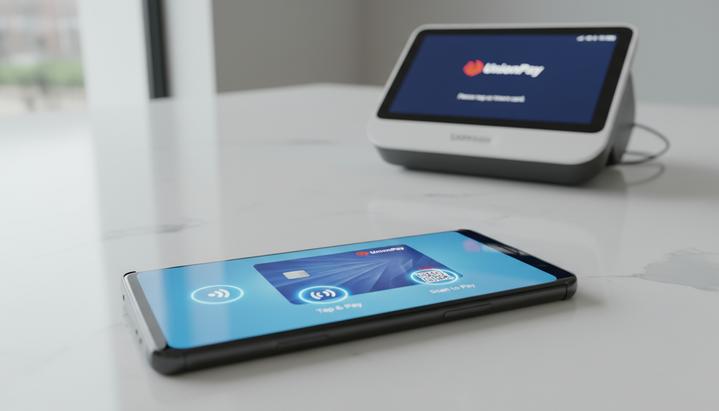 Современный смартфон с приложением Samsung Wallet, где видна карта UnionPay с опциями NFC и QR-оплаты. На заднем плане размытый платежный терминал.