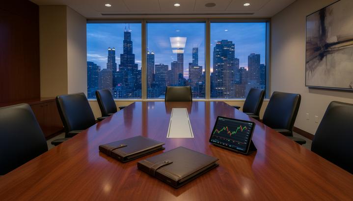 Современный пустой зал для переговоров с большим столом и панорамным окном с видом на городской пейзаж Чикаго на закате.