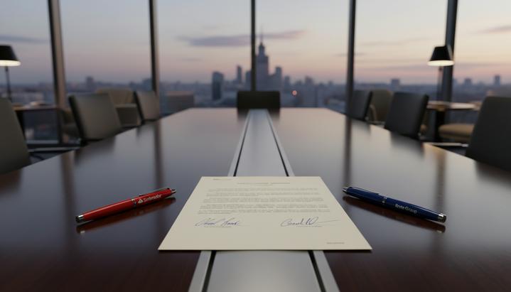 Подписанный контракт на офисном столе рядом с двумя ручками, красной и синей. В размытом фоне окна с видом на городской пейзаж.