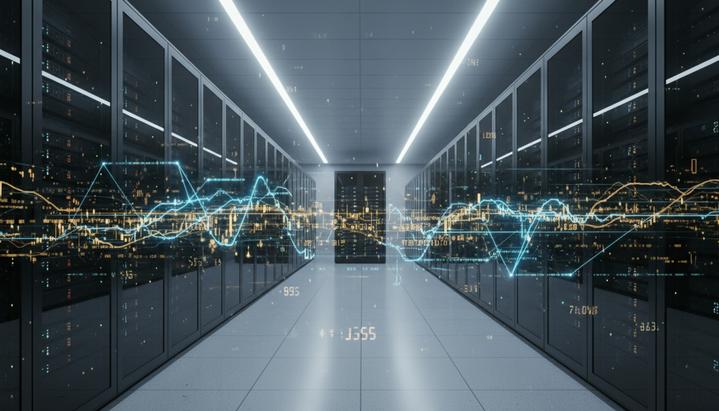 Современный дата-центр с рядами серверных стоек, между которыми проходят светящиеся потоки данных и абстрактные узоры.