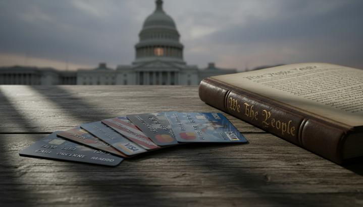 Трамп предложил ограничить в США ставки по кредитным картам до 10% Несколько американских кредитных карт лежат на столе рядом с документом на фоне правительственного здания в Вашингтоне.