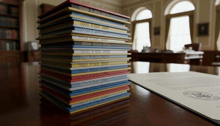 Трамп предложил ограничить ставки по кредитным картам на уровне 10% Стопка обезличенных кредитных карт лежит на полированном офисном столе рядом с официальным документом в размытом интерьере.