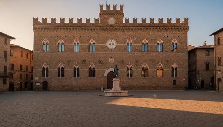 Историческое здание штаб-квартиры банка Monte dei Paschi di Siena, Палаццо Салимбени, на пустой площади в Сиене.