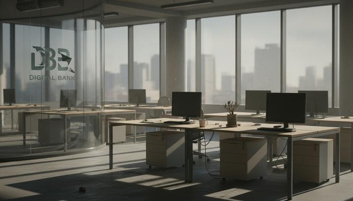 SMBC Group закрывает цифровой банк Jenius в США, 161 сотрудник уволен Залитый солнцем пустой офис цифрового банка с брошенными рабочими местами и частично снятым со стены логотипом.