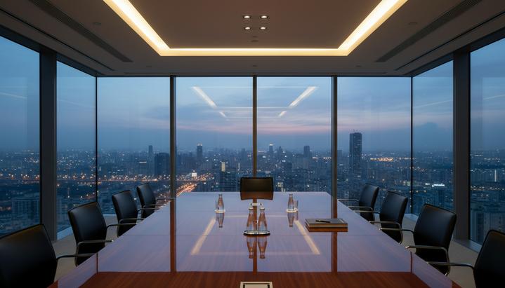 Современный пустой офис в небоскребе с панорамным видом на вечерний финансовый центр Мумбаи, огни которого отражаются в полированном столе.