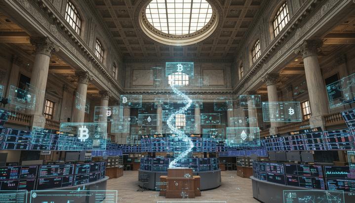 Величественный зал фондовой биржи с классической архитектурой, в котором парят светящиеся голограммы и потоки данных криптовалют.