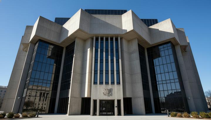 Фасад штаб-квартиры Бюро по финансовой защите потребителей США в Вашингтоне. Современное правительственное здание.