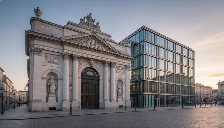 ЕЦБ разрешил Crédit Agricole увеличить долю в итальянском Banco BPM Фасад старинного европейского банка в финансовом квартале на рассвете, сочетание классической и современной архитектуры.