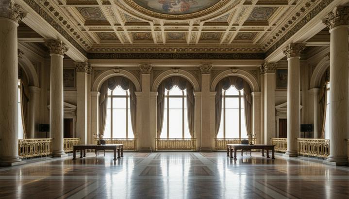Просторный зал старинного итальянского банка с высокими мраморными колоннами, полированным полом и арочными окнами.