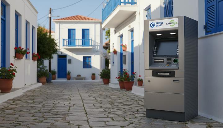 Современный банкомат с логотипами Epirus Bank и Cashzone на мощеной улице греческого города.