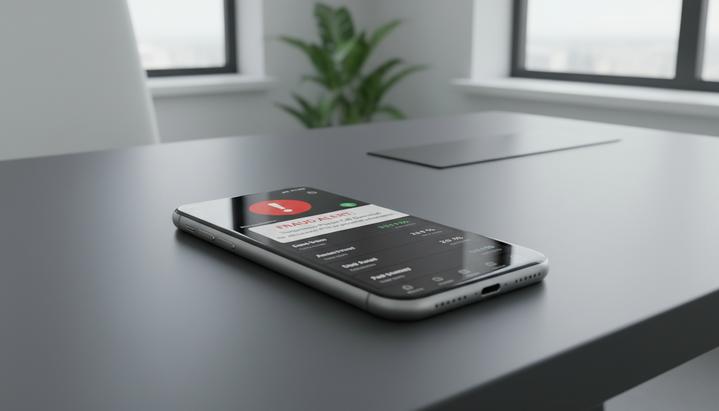 Revolut внедрил новую функцию для защиты от телефонного мошенничества Смартфон на столе. На экране телефона открыто банковское приложение с красным предупреждающим знаком о подозрительном звонке.