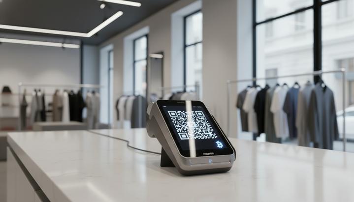 Современный платежный терминал на стойке в магазине. На экране терминала отображается QR-код для оплаты.