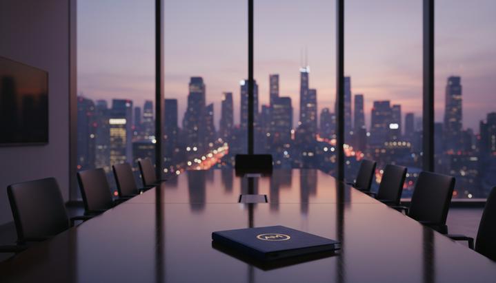 Пустая переговорная комната в современном офисе с панорамным окном с видом на ночной город. На полированном столе лежит папка.