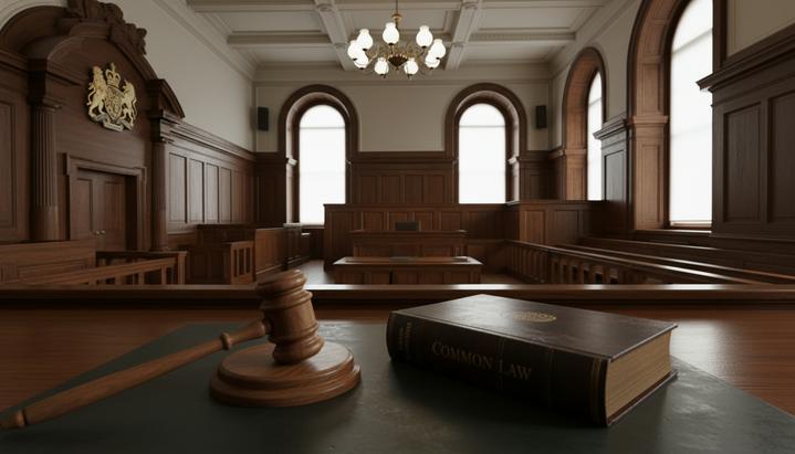 Судейский молоток и книга законов лежат на полированном столе в пустом зале суда с деревянными панелями.