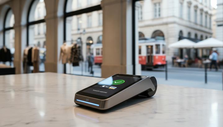 Платежный терминал крупным планом на стойке магазина отображает логотипы Visa и Apple Pay после успешной бесконтактной оплаты.