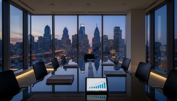 Пустой современный зал для переговоров с большим столом и панорамными окнами с видом на деловой центр города Филадельфия на закате.