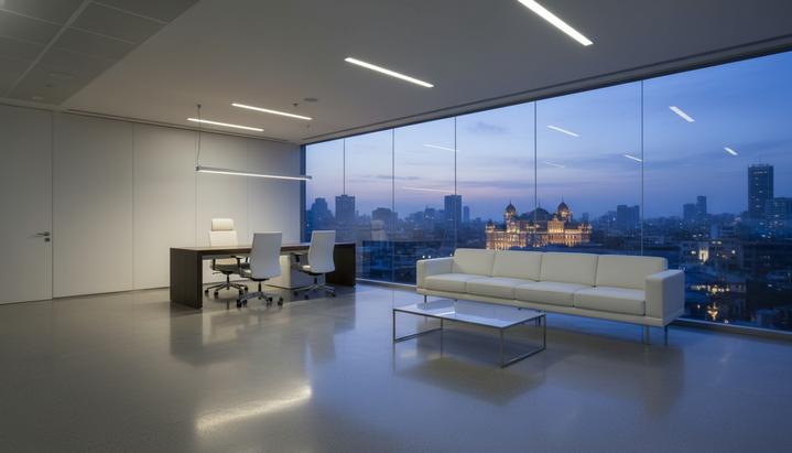 Японский банк SMBC получил разрешение на создание дочернего банка в Индии Пустой современный офис банка с панорамным окном, из которого открывается вид на небоскребы Мумбаи на закате.