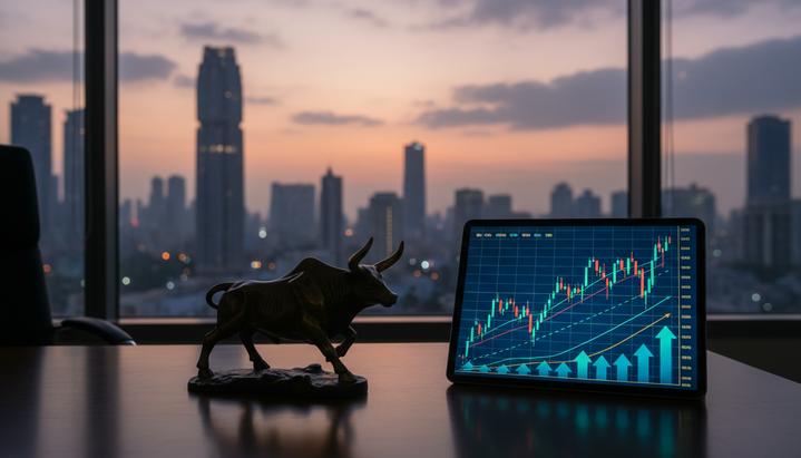 State Street покупает 23% индийской Groww Asset Management за $64 млн Вид из современного офиса на деловой квартал Мумбаи на закате. На столе стоит бронзовая статуэтка быка и планшет с растущими биржевыми графиками.